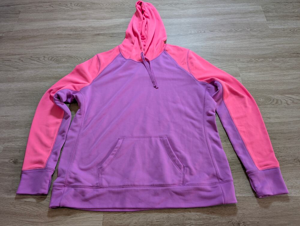 Xersion Womens XL Pink Purple  Hooded Pullover Colorblock Sweatshirt Drawstring